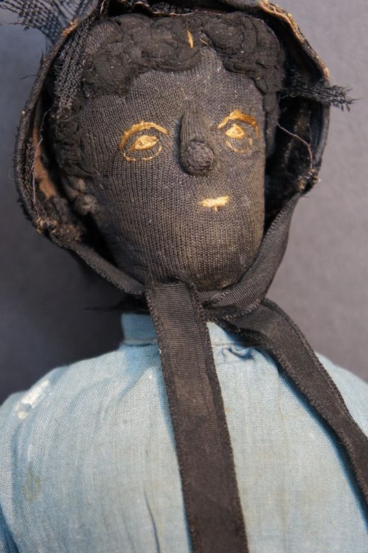 Antique black cloth doll great shaped frace applied nose 16&quot;