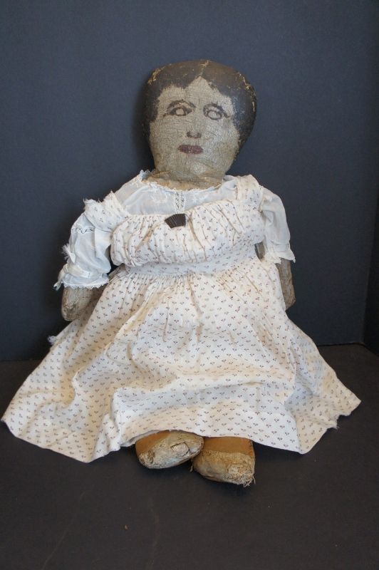 Big folk art oil cloth doll with brown hair calico dress 25&quot; antique