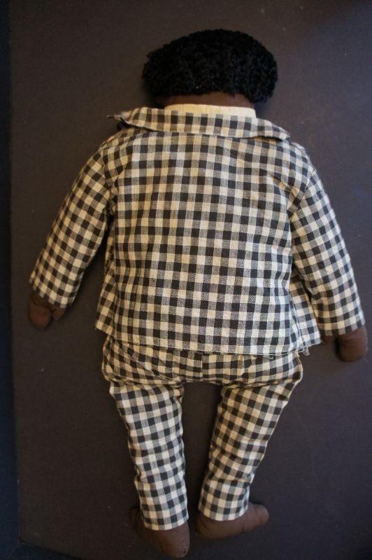 All original black cloth man doll with suit and tie 19&quot; circa 1920