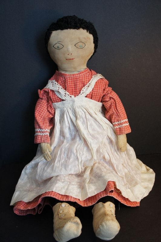 29&quot; big beautiful cloth doll embroidered face stitched fingers C. 1890