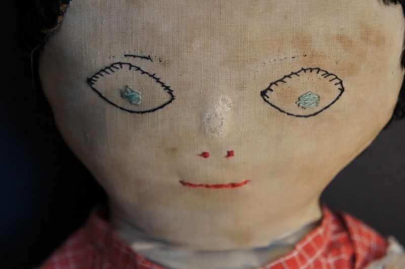 29&quot; big beautiful cloth doll embroidered face stitched fingers C. 1890