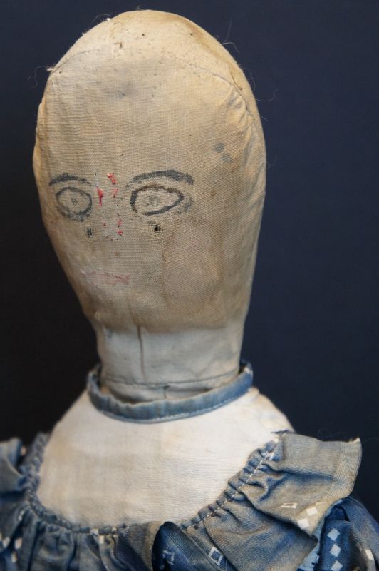 Down home girl stuffed with straw, hand sewn cloth doll C. 1870-80