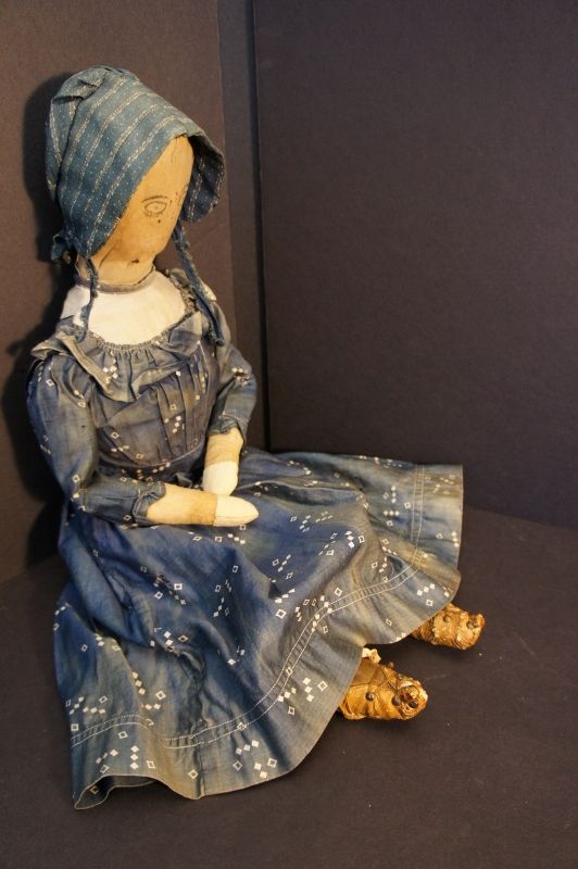 Down home girl stuffed with straw, hand sewn cloth doll C. 1870-80