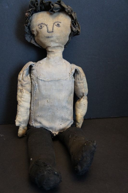 Amazing cloth doll made with a glass bottle body great face 16&quot;