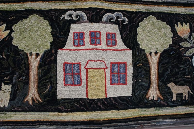 Antique hooked hearth rug with dog cat house hearts folk art 19th C.