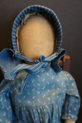 Blue calico dress and bonnet on 19" pencil drawn face doll