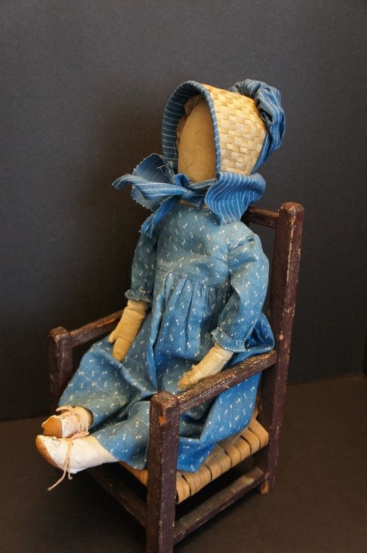 Blue calico dress and bonnet on 19&quot; pencil drawn face doll