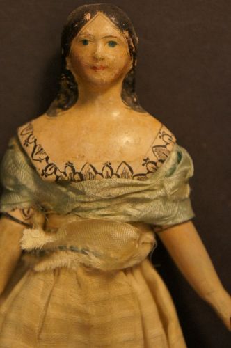 6 1/2" papier mache milliner doll blue eyes long curls 1830