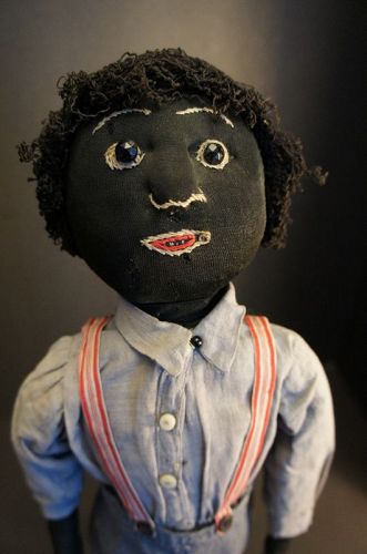 Antique boy cloth doll with corncob legs, embroidered face 1890