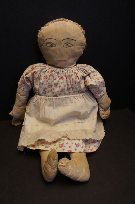Embroidered face cloth doll with extreme hairdo antique 21&quot;