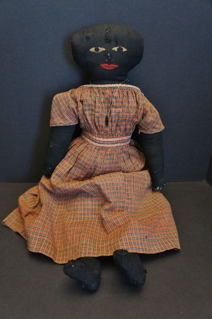 Large very nice antique black cloth doll with embroidered face 22&quot;