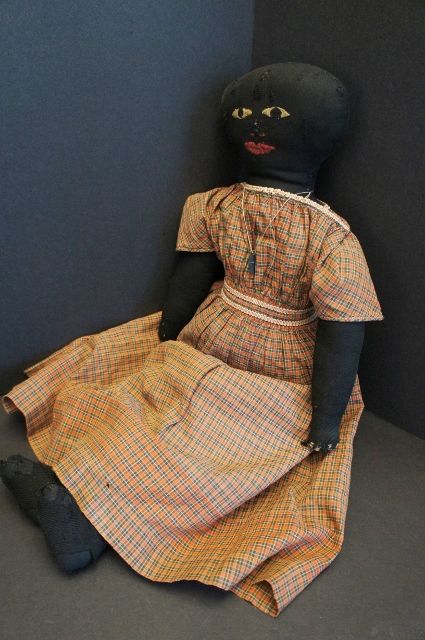 Large very nice antique black cloth doll with embroidered face 22&quot;