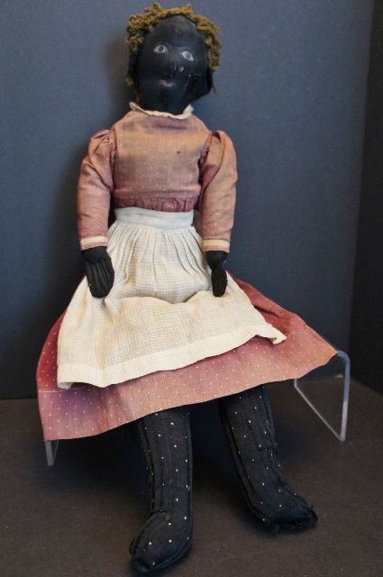 23&quot; painted face antique black cloth doll straw stuffed 1890