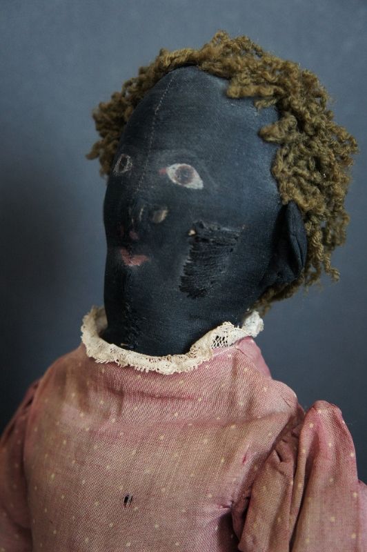23&quot; painted face antique black cloth doll straw stuffed 1890