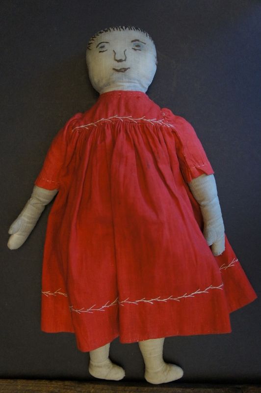 Antique embroidered face cloth doll 13&quot;