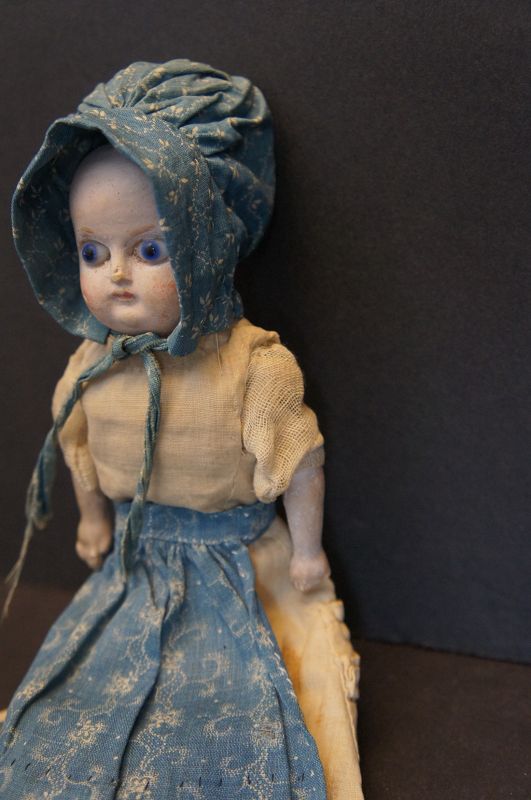 Amazing squeak toy doll in original dress  bisque head glass eyes 11&quot;