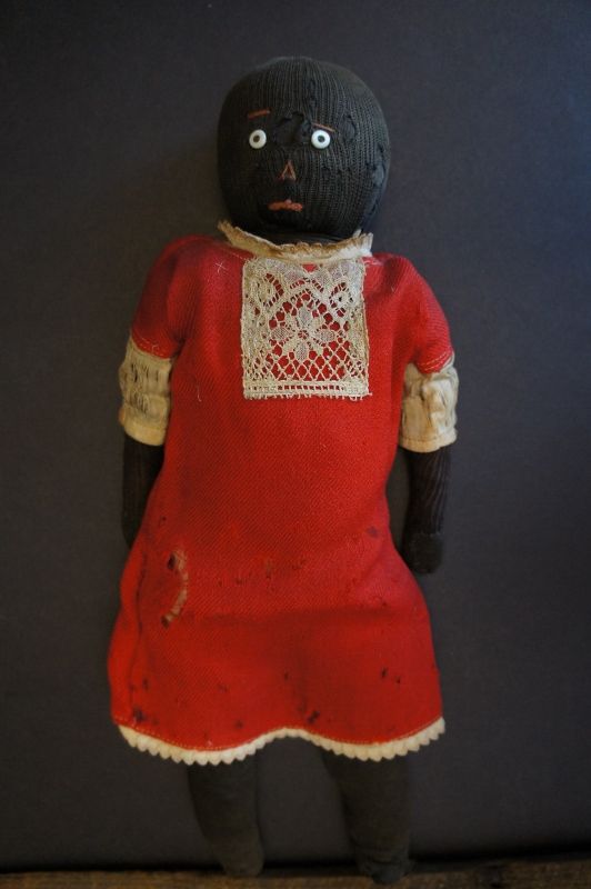 A precious stockinette black doll as found rag stuffed 16&quot;