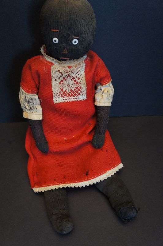 A precious stockinette black doll as found rag stuffed 16&quot;