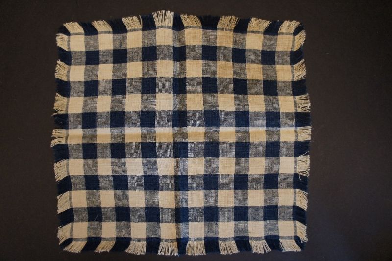 Blue and natural homespun table mat with nice fringe border C1830