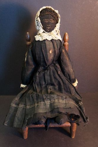 Untouched antique black cloth doll fine embroidered face  17"