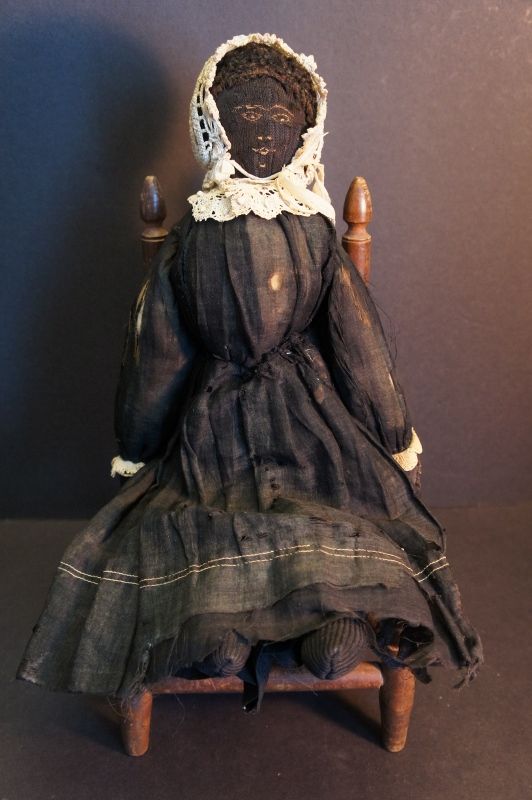 Untouched antique black cloth doll fine embroidered face  17&quot;