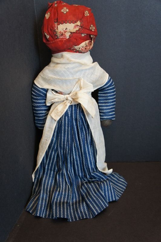 15&quot; Painted face black cloth doll blue calico dress C. 1920