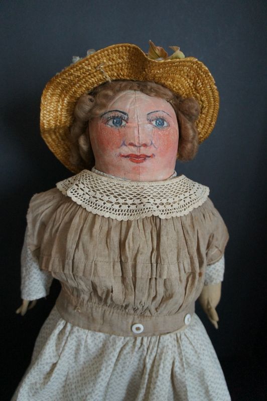 Painted face antique clot doll with big blue eyes, rosy cheeks 20&quot;
