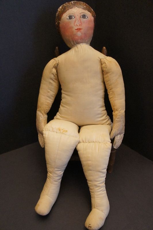 Heart stopper, painted face doll with blue polka dot dress 22&quot; C. 1880