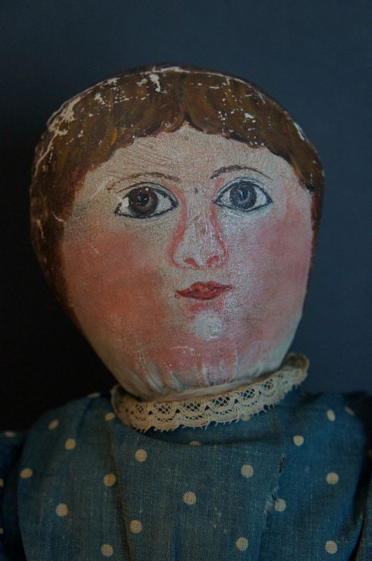 Heart stopper, painted face doll with blue polka dot dress 22&quot; C. 1880