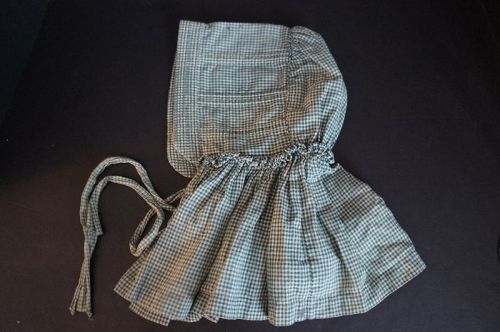 Blue check antique bonnet for larger child, all hand sewn 1880