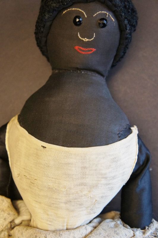 Antique black cloth doll with jet button eyes 22&quot; circa 1890