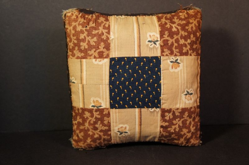 Big heavy brown and blue antique calico pin cushion 7&quot; x 7&quot;