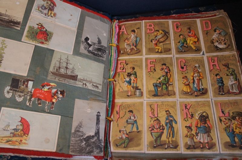 Large antique scrap book  blue calico cloth covers back 1870-1890's