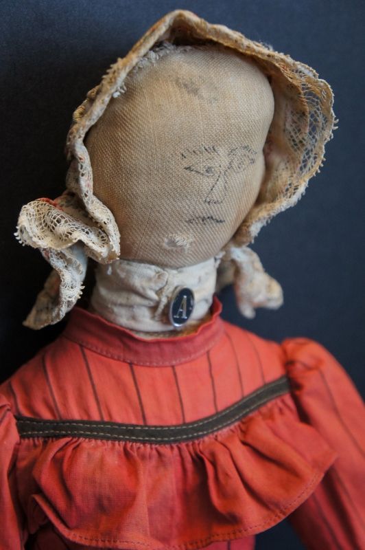 A special ink drawn face, proud farmers daughter doll 1890  18&quot; tall