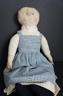 Great watercolor/ink painted face cloth doll blue eyes pink cheeks 21"