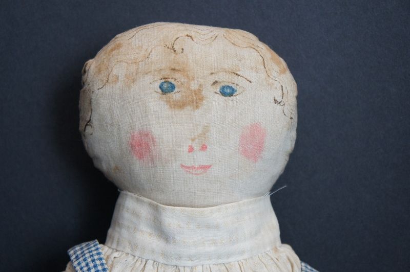 Great watercolor/ink painted face cloth doll blue eyes pink cheeks 21&quot;