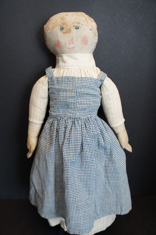 Great watercolor/ink painted face cloth doll blue eyes pink cheeks 21&quot;