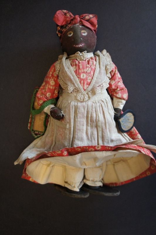 Antique black cloth doll with name and address of maker C 1890-1910