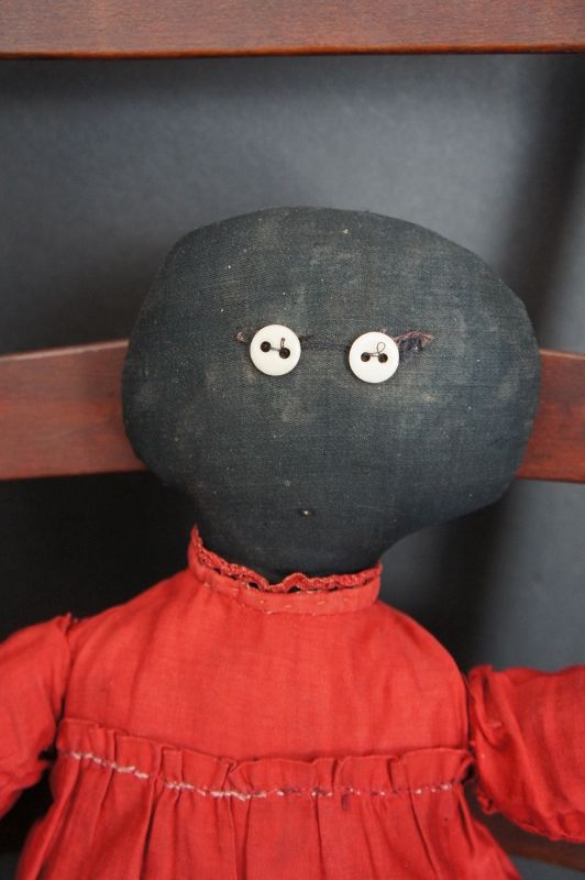 19&quot; black cloth doll, her maker was a minimalist. C.1890-1900