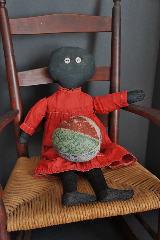 19&quot; black cloth doll, her maker was a minimalist. C.1890-1900