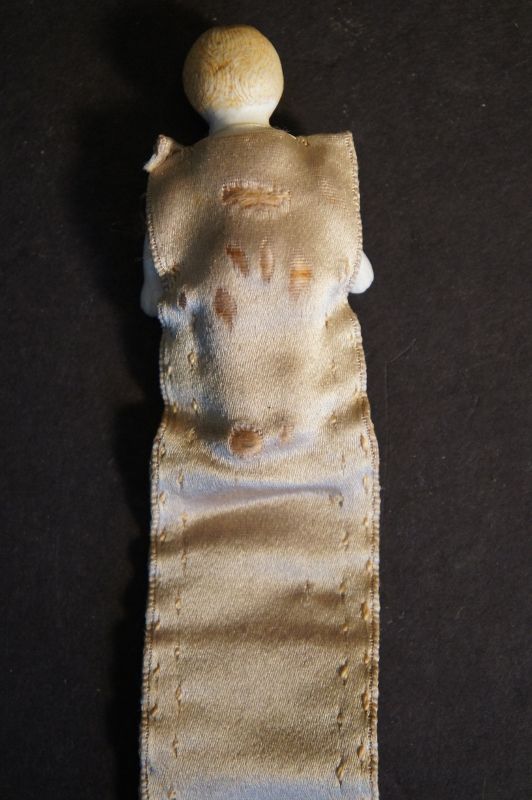 Tiny bisque doll needle keep tan satin with embroidered edge C 1880