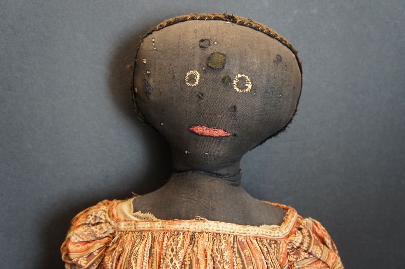 Early black cloth doll with great face and clothes 1870-80