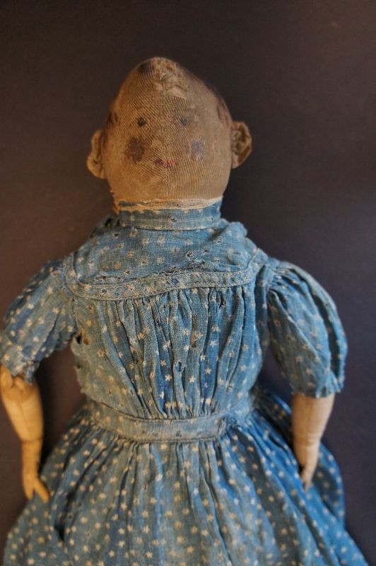 17&quot; painted face antique cloth doll calcio dress rustic look