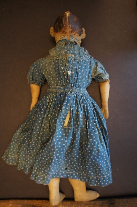 17&quot; painted face antique cloth doll calcio dress rustic look