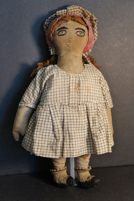 Exquiste embroidered face 12&quot; antique cloth doll C 1890