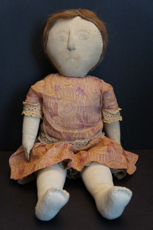 A very special doll 22&quot; with drawn face raised nose great hair C.1900