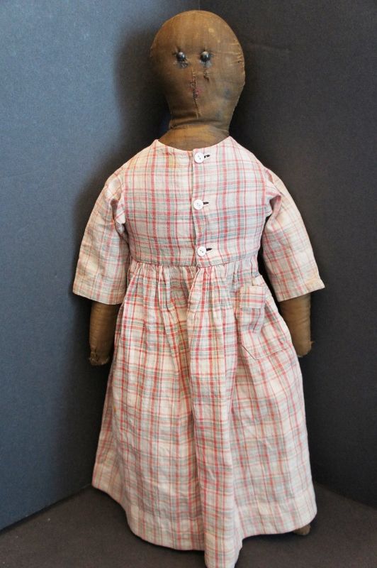 24&quot; black cloth doll with lovely soft faded plaid dress with pocket
