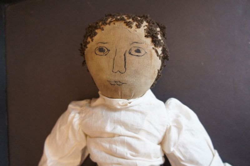20&quot; cloth doll with a boldly drawn ink face, early yarn hair C1880