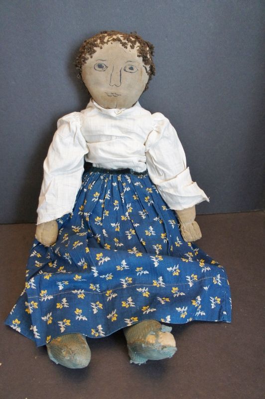 20&quot; cloth doll with a boldly drawn ink face, early yarn hair C1880