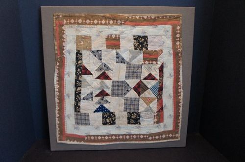 1850-60 brown and red doll quilt 15" by 17" newly mounted